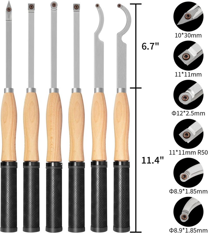 DEEFIINE 18.3" Full Size Carbide Tip Wood Lathe Turning Tool Kit, Lathe Roughing and Finishing Hollow Tool with Diamond Round Square Carbide inserts For Woodturning(6pcs) - Image 2
